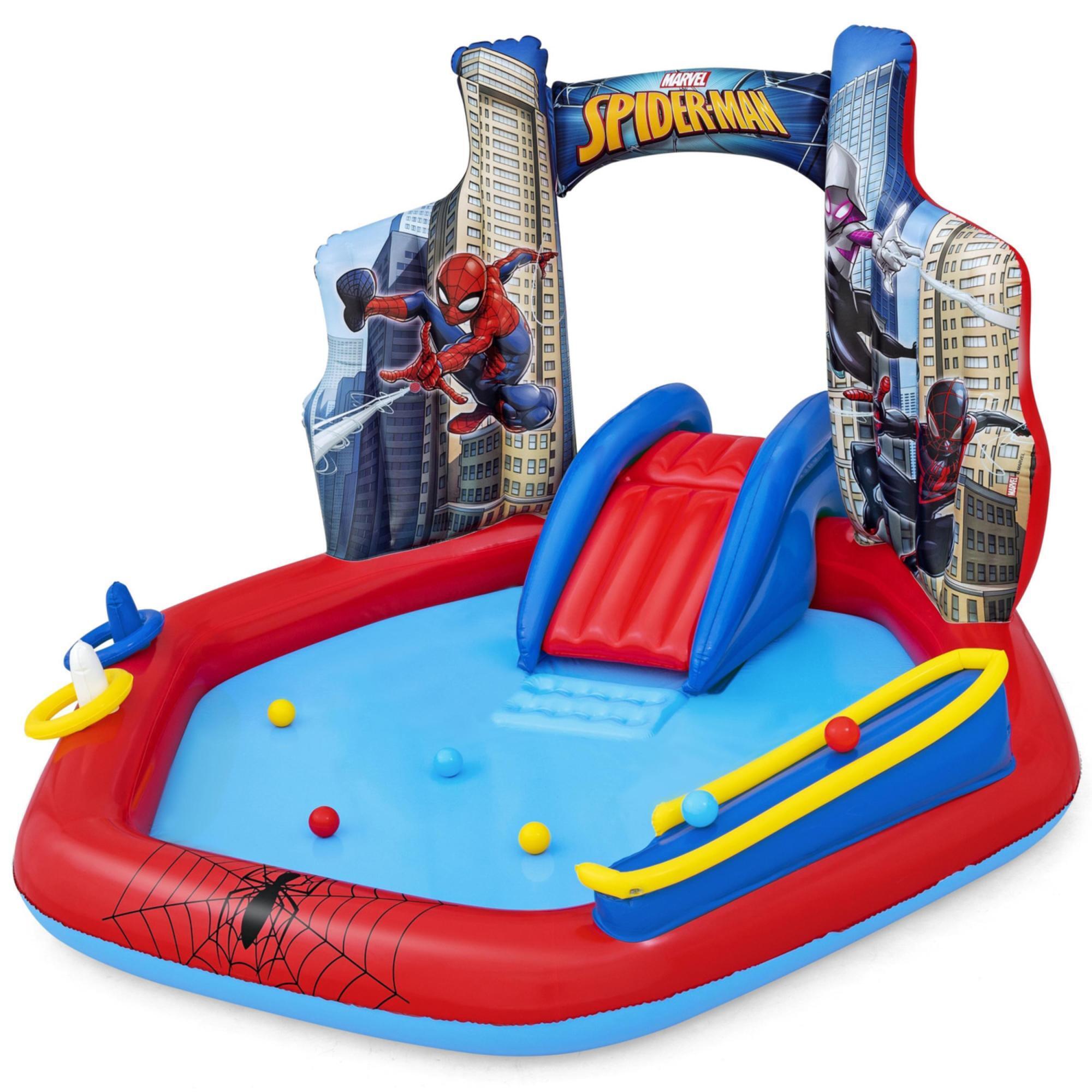Bestway SpiderMan Inflatable Water Play Center, Splash Pool Slide Arch Sprayer, 6 Balls, Marvel Superhero Ring Toss